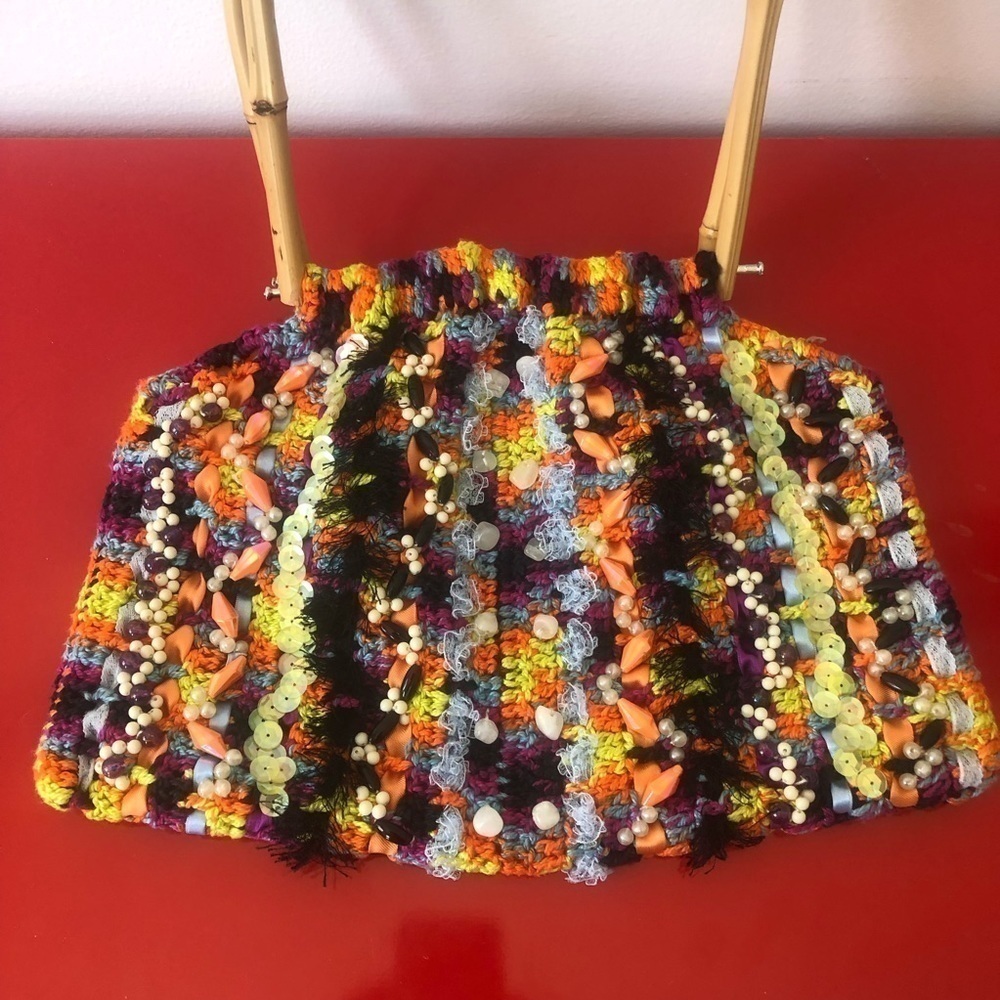 Crocheted Embellished Beaded Bamboo Handle Purse Grannycore - Picture 3 of 8